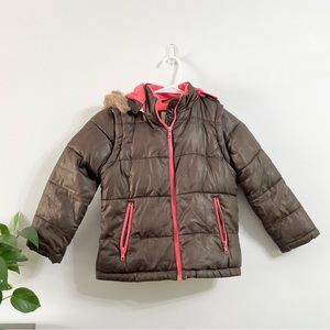 Mini Boden Puffer Brown Pink Jacket W Removable Sleeves 5-6 Years